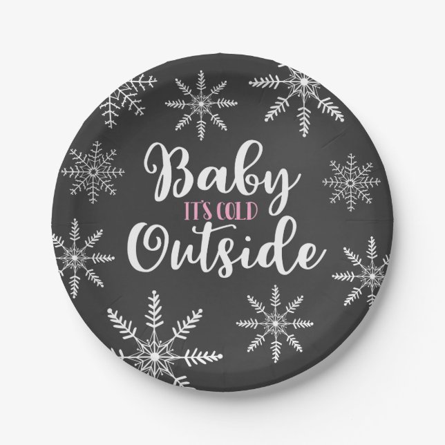 Baby It's Cold Outside Baby Shower Snowflake Pink Paper Plates (Front)