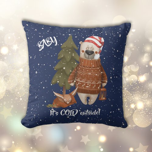 Baby Its Cold Outside Bear and Fox Throw Pillow