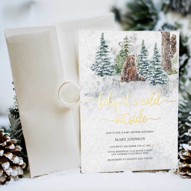 Baby its cold outside bear baby shower foil invitation (Creator Uploaded)