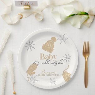 Baby It's Cold Outside Beig Beanie Baby Shower Paper Plates