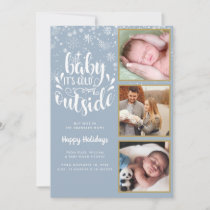 Baby Its Cold Outside Blue 3 Photo Birth Holiday Card