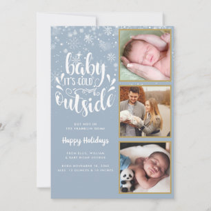 Baby Its Cold Outside Blue 3 Photo Birth Holiday Card