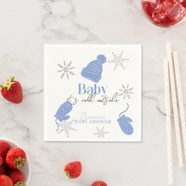 Baby It's Cold Outside Blue Beanie Boy Baby Shower Napkins (Insitu)