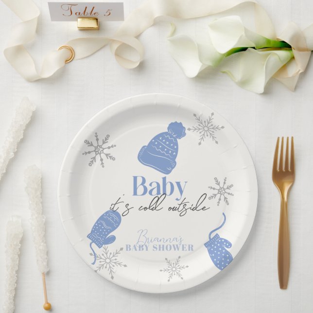 Baby It's Cold Outside Blue Beanie Boy Baby Shower Paper Plates (Wedding)