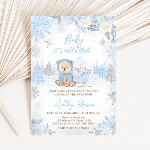 Baby Its Cold Outside Blue Bear Baby Shower  Invitation
