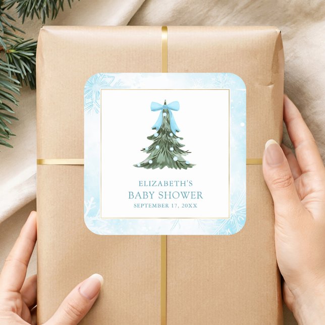 Baby It's Cold Outside Blue Bow Baby Shower Square Sticker (Creator Uploaded)