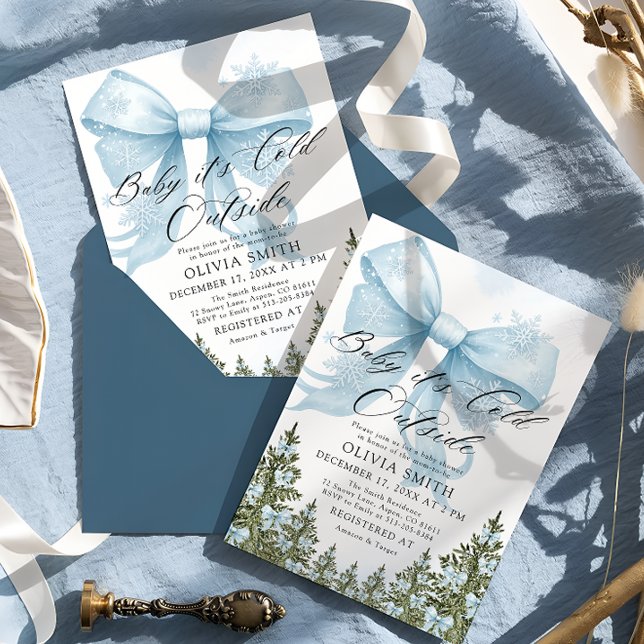 Baby It's Cold Outside Blue Bow Winter Baby Shower Invitation (Creator Uploaded)