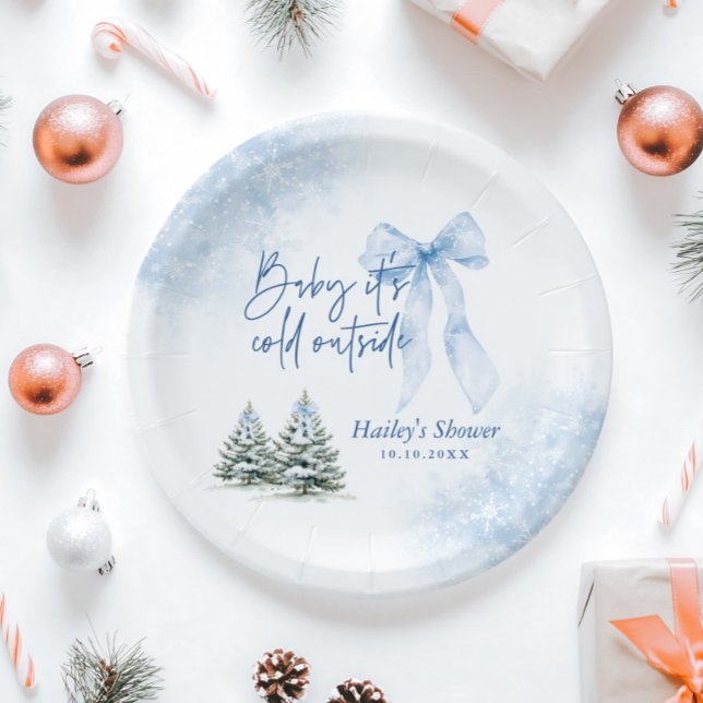 Baby Its Cold Outside, Blue Bow Winter Baby Shower Paper Plates (Creator Uploaded)