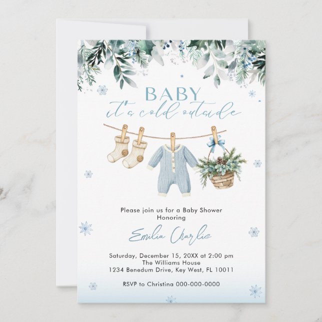 Baby it's Cold Outside Blue Clothes  Baby Shower  Invitation (Front)