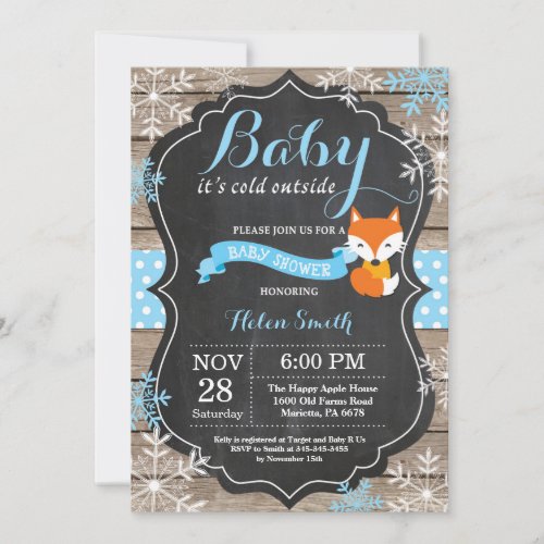 Baby its Cold Outside Blue Fox Boy Baby Shower Invitation