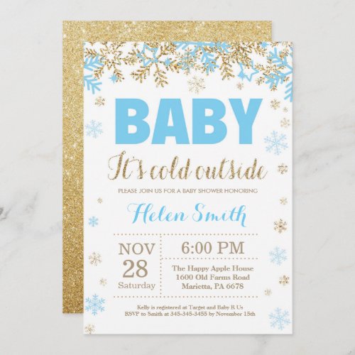 Baby its Cold Outside Blue Gold Boy Baby Shower Invitation