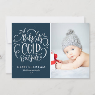 Baby It's Cold Outside Blue Merry Christmas Photo Holiday Card
