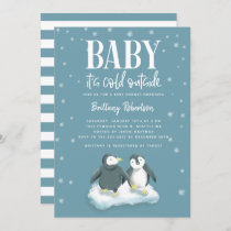Baby Its Cold Outside Blue Penguins Baby Shower Invitation