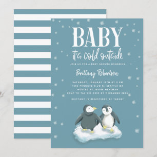 Baby Its Cold Outside Blue Penguins Baby Shower Invitation