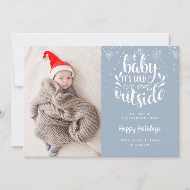 Baby Its Cold Outside Blue Photo Holiday Birth Announcement (Front)