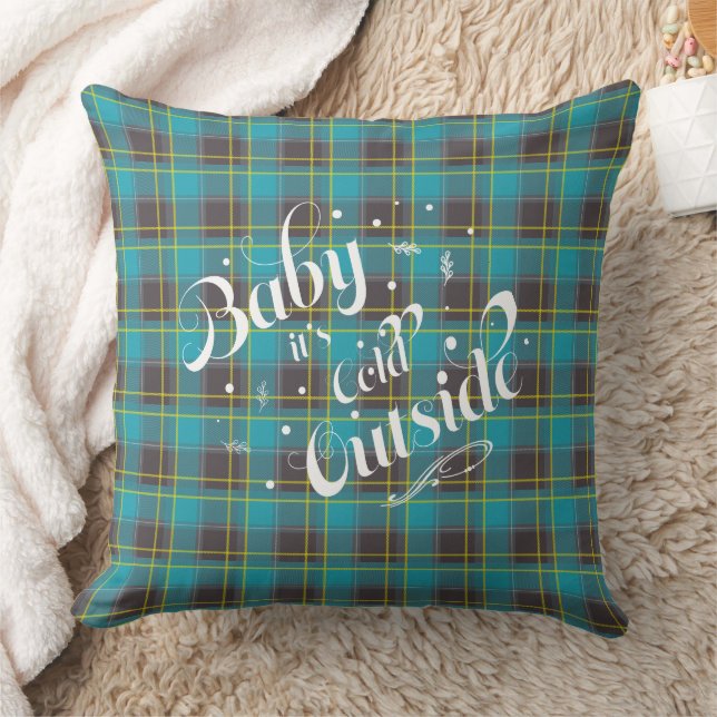 Baby it's Cold Outside Blue Plaid Holiday Modern Throw Pillow (Blanket)