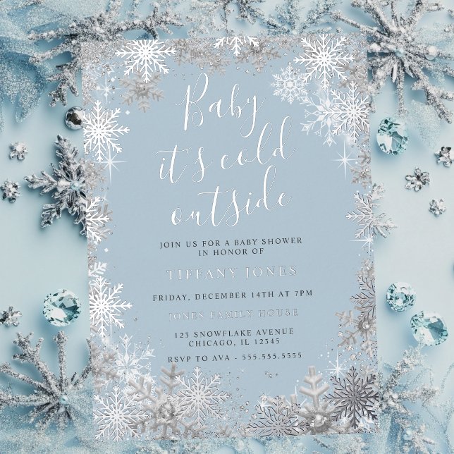 Baby It's Cold Outside Blue Silver Baby Shower  Foil Invitation (Creator Uploaded)