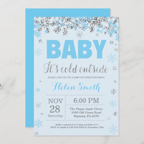 Baby its Cold Outside Blue Silver Boy Baby Shower Invitation