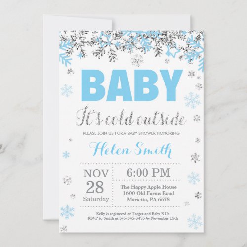 Baby its Cold Outside Blue Silver Boy Baby Shower Invitation