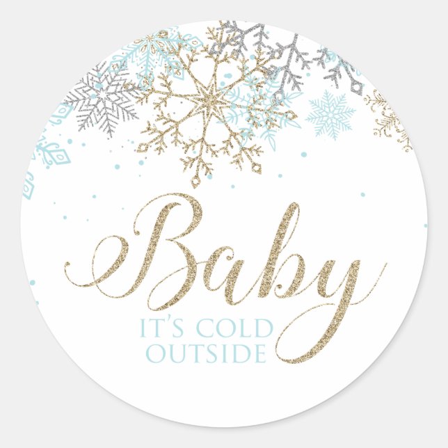 Baby It's Cold Outside Blue Snowflake Baby Shower Classic Round Sticker (Front)
