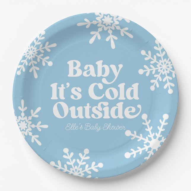 Baby It's Cold Outside Blue Snowflake Baby Shower Paper Plates (Front)