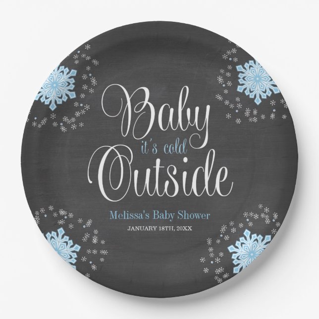 Baby It's Cold Outside Blue Snowflakes Baby Shower Paper Plates (Front)