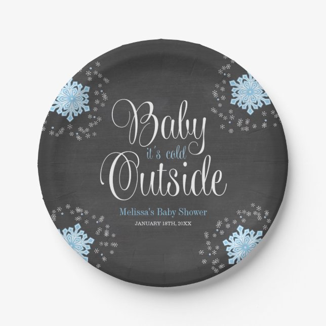 Baby It's Cold Outside Blue Snowflakes Baby Shower Paper Plates (Front)