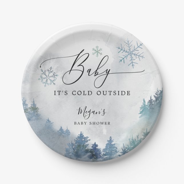 Baby It's Cold Outside Blue Snowflakes Shower Paper Plates (Front)