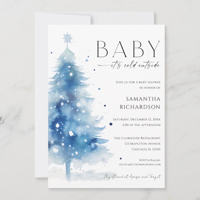 Baby it's cold outside blue white boy baby shower invitation (Front)