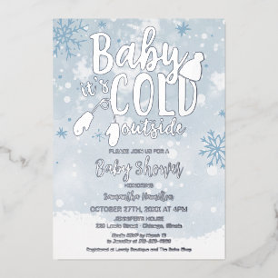 Baby It's Cold Outside Blue Winter Boy Baby Shower Foil Invitation