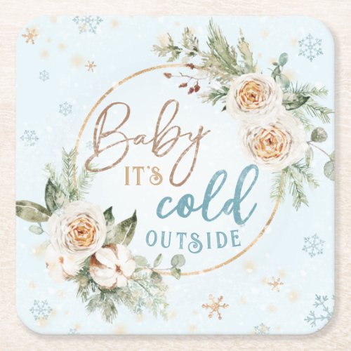 Baby Its Cold Outside Blue Winter Shower Sprinkle Square Paper Coaster