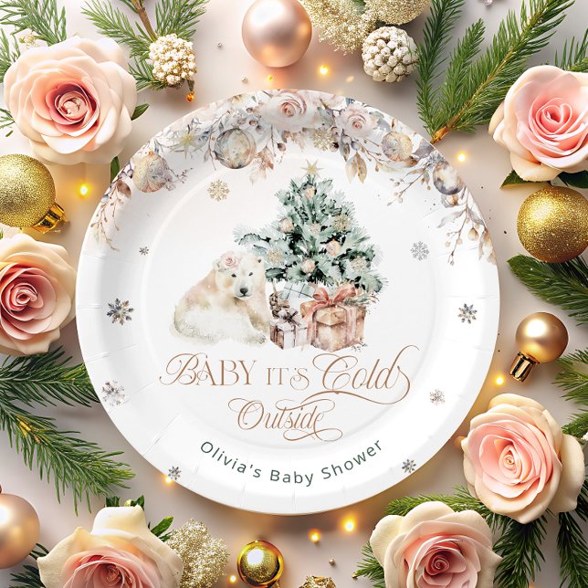 Baby its Cold Outside Blush Pink Baby Polar Bear Paper Plates (Creator Uploaded)