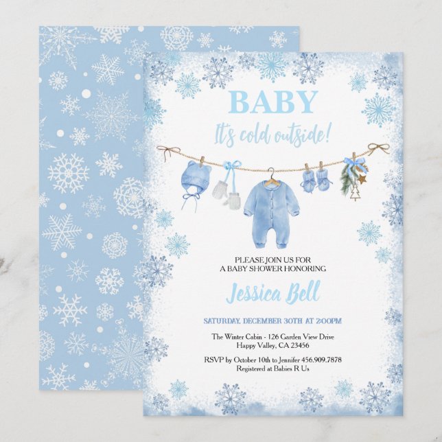 Baby It's Cold Outside Boy Baby Shower Blue Winter Invitation (Front/Back)