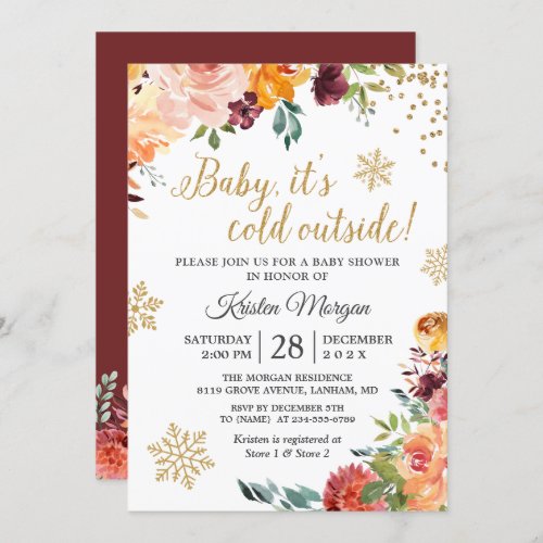 Baby Its Cold Outside Burgundy Floral Baby Shower Invitation