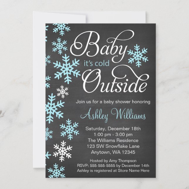 Baby It's Cold Outside Chalkboard Blue Baby Shower Invitation (Front)