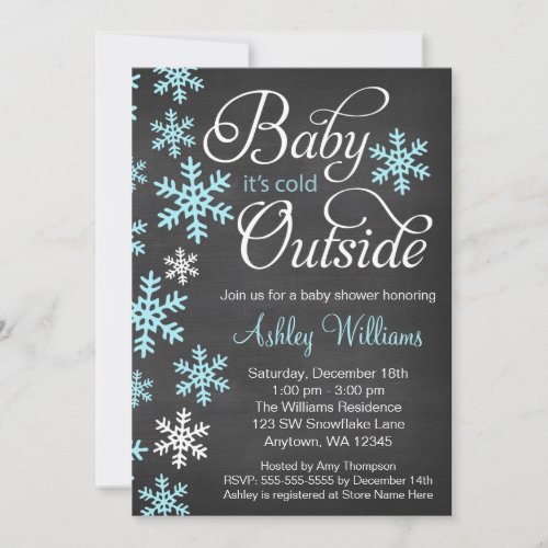 Baby Its Cold Outside Chalkboard Blue Baby Shower Invitation