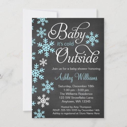 Baby Its Cold Outside Chalkboard Blue Baby Shower Invitation