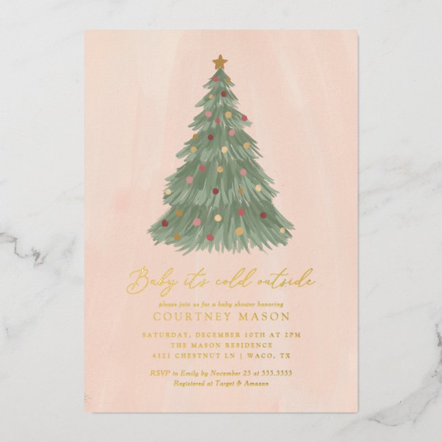 Baby It's Cold Outside Christmas Tree Baby Shower  Foil Invitation (Front)