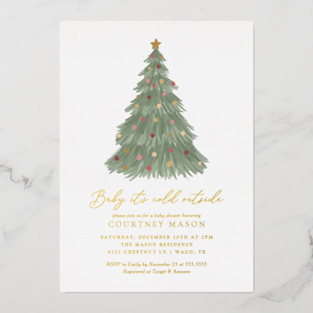 Baby It's Cold Outside Christmas Tree Baby Shower Foil Invitation (Front)