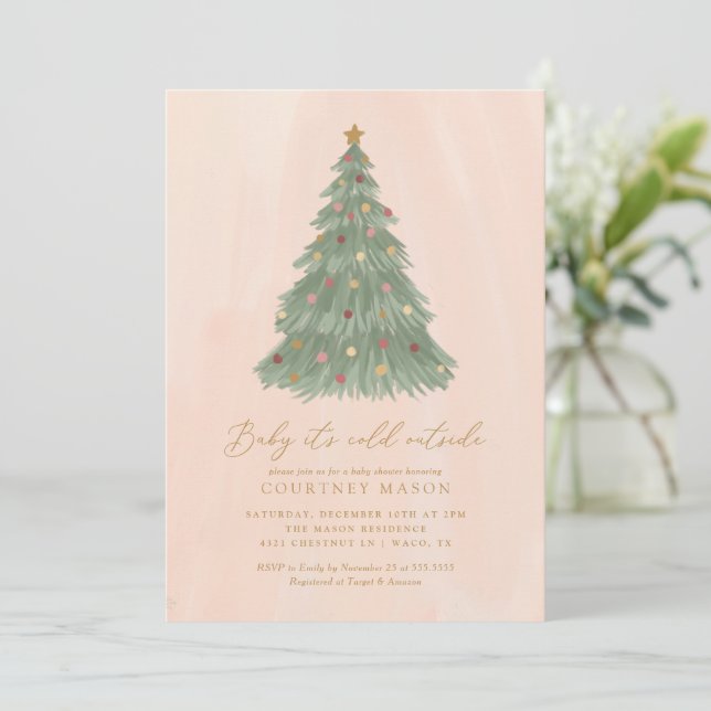 Baby It's Cold Outside Christmas Tree Baby Shower Invitation (Standing Front)