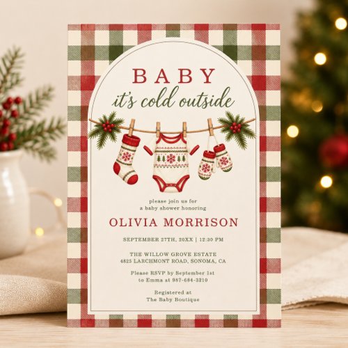 Winter Baby It's Cold Outside Gingham or plaid baby shower invitation