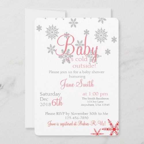 Baby its cold outside Coral Snowflake Invitation