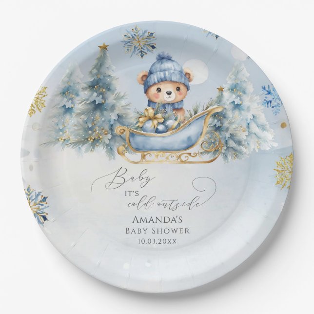 Baby It's Cold Outside Cute Bear Baby Shower  Paper Plates (Front)