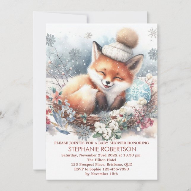 Baby its cold outside cute fox snowflakes forest  invitation (Front)