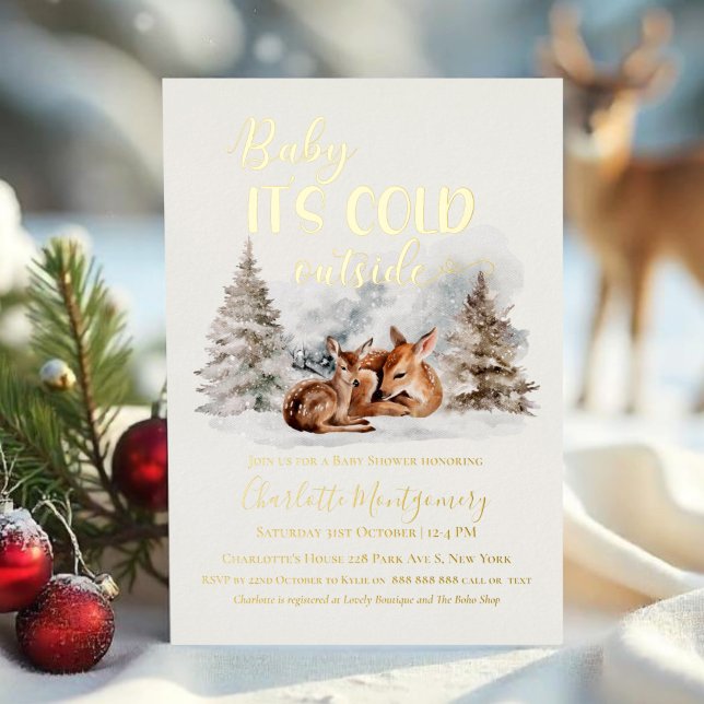 Baby it's cold outside Deer Forest Baby Shower Foil Invitation (Creator Uploaded)
