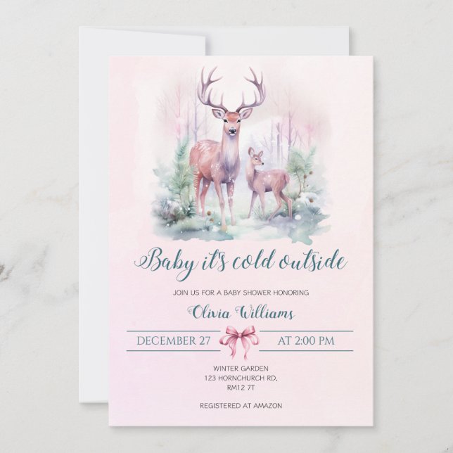 Baby its cold outside deer  girl baby shower  invitation (Front)