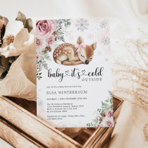 Baby It's Cold Outside Deer Pink Floral Baby Girl Invitation