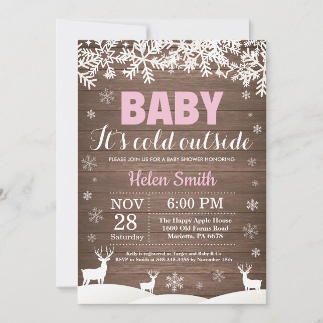 Baby its Cold Outside Deer Winter Girl Baby Shower Invitation (Front)