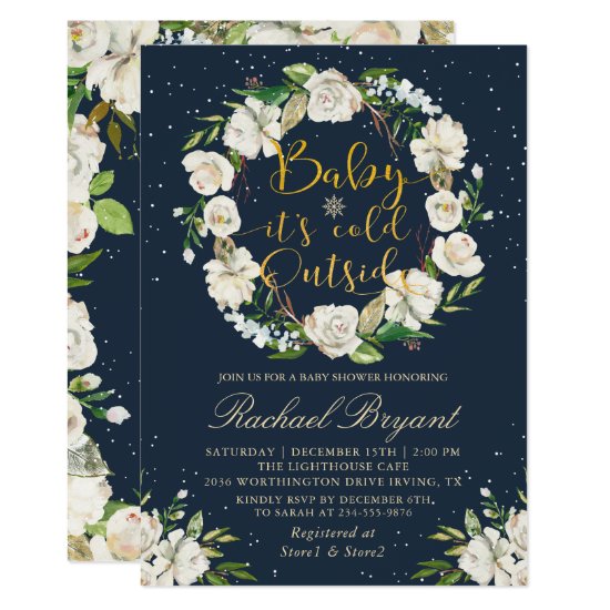Baby Its Cold Outside Floral Navy Blue Baby Shower Invitation