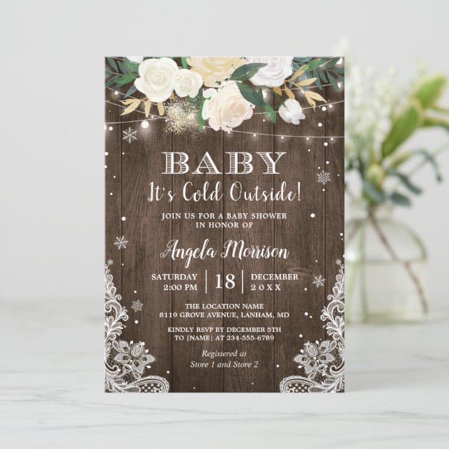 Baby Its Cold Outside Floral Rustic Baby Shower Invitation (Standing Front)